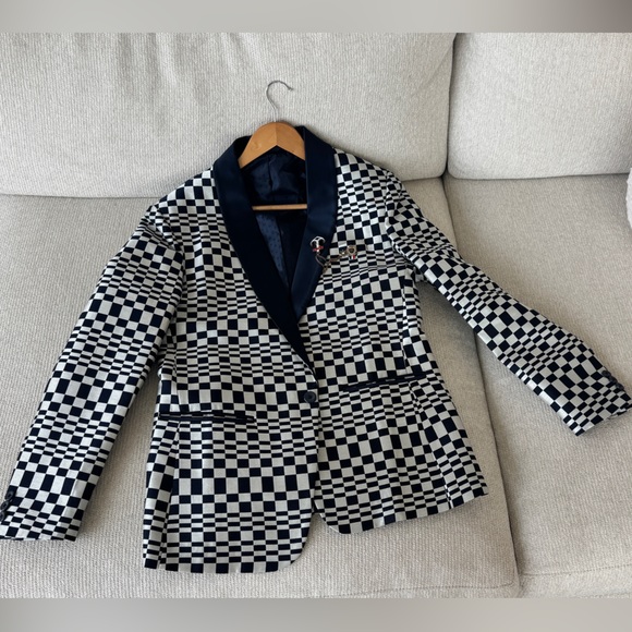Satin Blue Lapel Checkered Cocktail Dinner Jacket - Picture 1 of 6